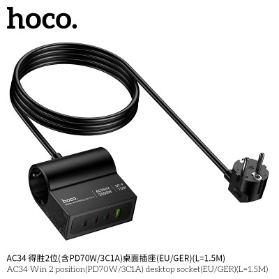 Hoco. HC34 Enchufe Escritorio Multi Tomas (PD70W/3C1A)