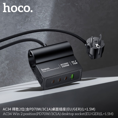 Hoco. HC34 Enchufe Escritorio Multi Tomas (PD70W/3C1A)