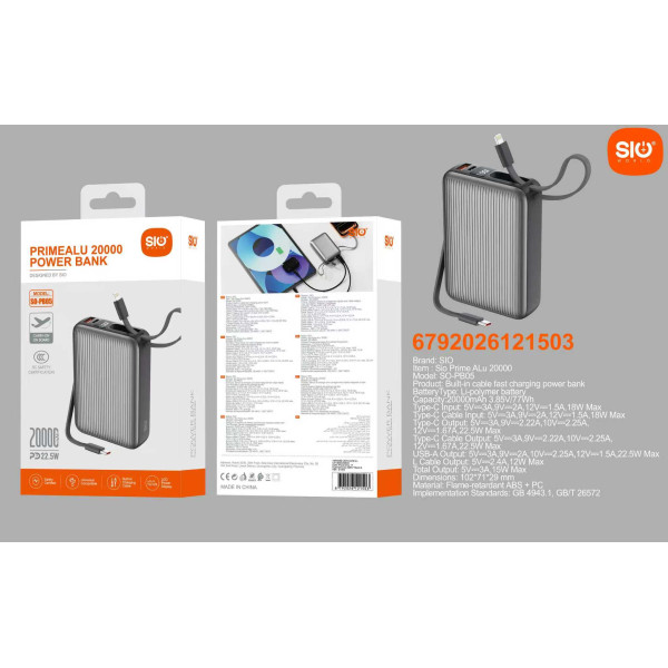 Sio. PB05 Power Bank Con Cable Carga Rapida 20000mAh