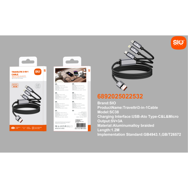Sio. SC38 Cable 3 IN 1 USB (C/C/IP)