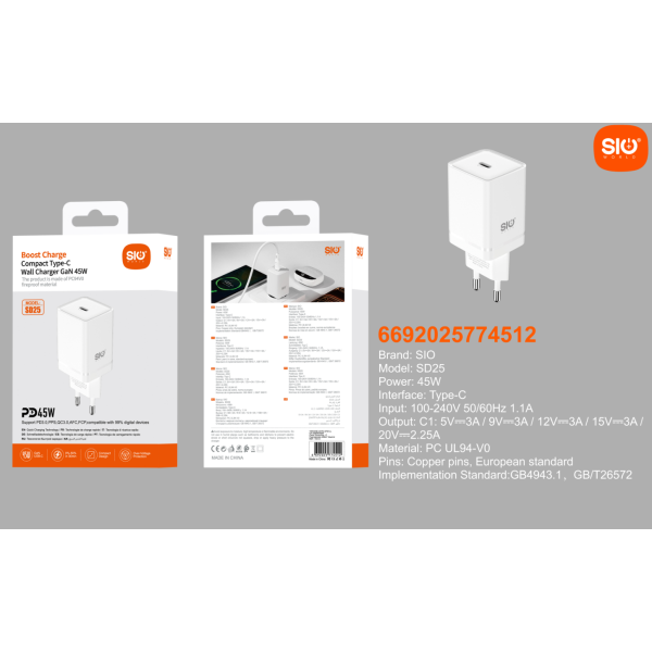 Sio. SD25 Cargador 45W Sin Cable.