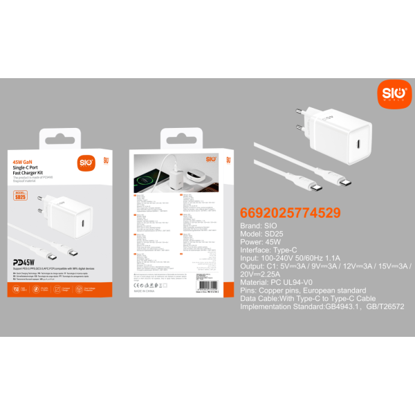 Sio. SD25 Cargador 45W Cable (C-C).