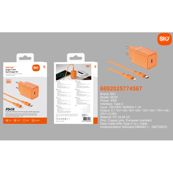Sio. SD25 Cargador 45W Cable (C-IP).