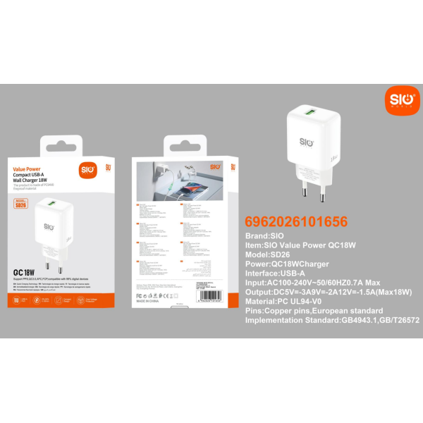 Sio. SD26 Cargador QC3.0 18W
