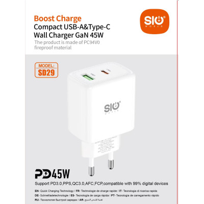 Sio. SD29 Cargador PD45W+QC3.0 GaN