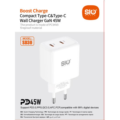 Sio. SD30 Cargador PD45W+PD GaN