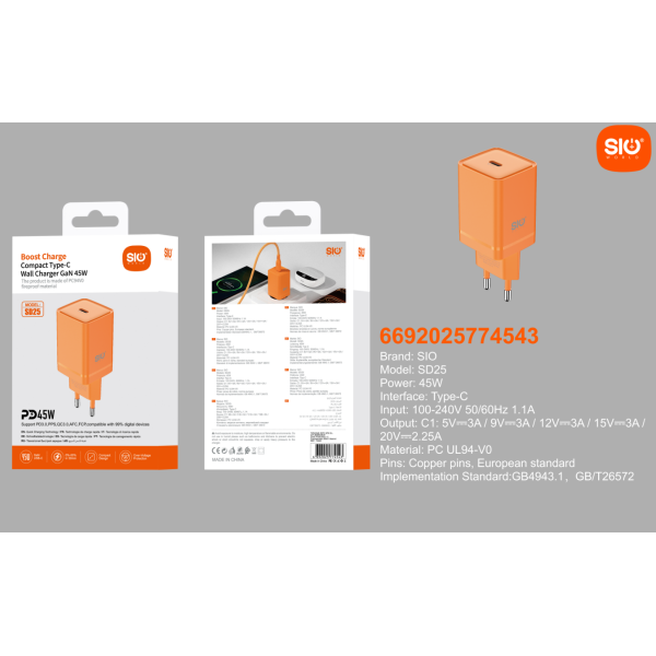 Sio. SD25 Cargador 45W Sin Cable Naranja