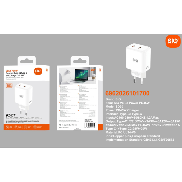 Sio. SD30 Cargador PD45W+PD GaN