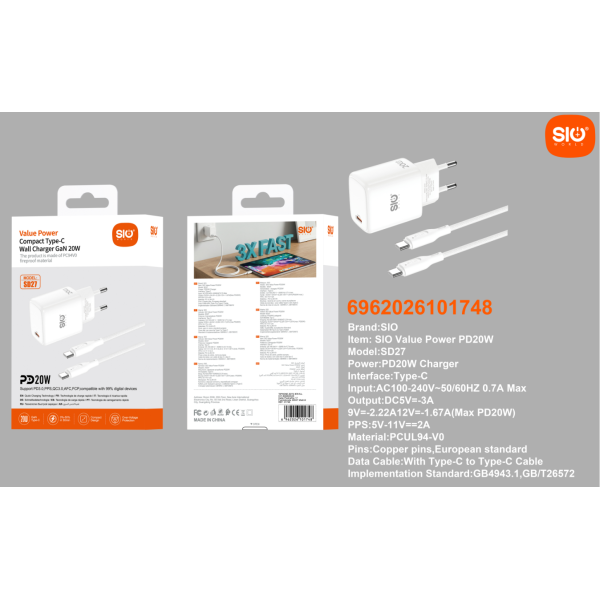 Sio. SD27 Cargador Rapido 20W C-C