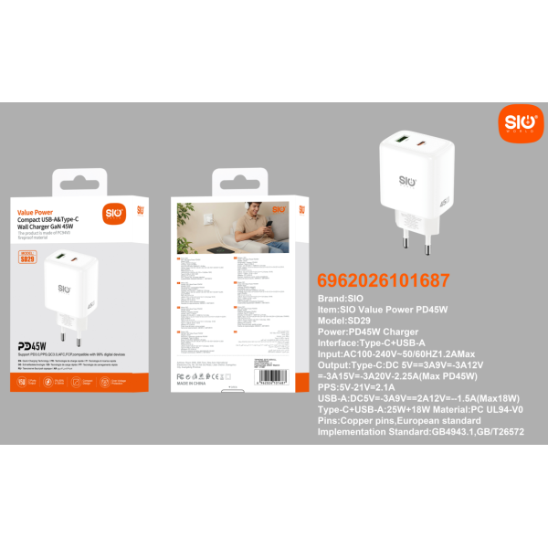 Sio. SD29 Cargador Rapido Doble 45w