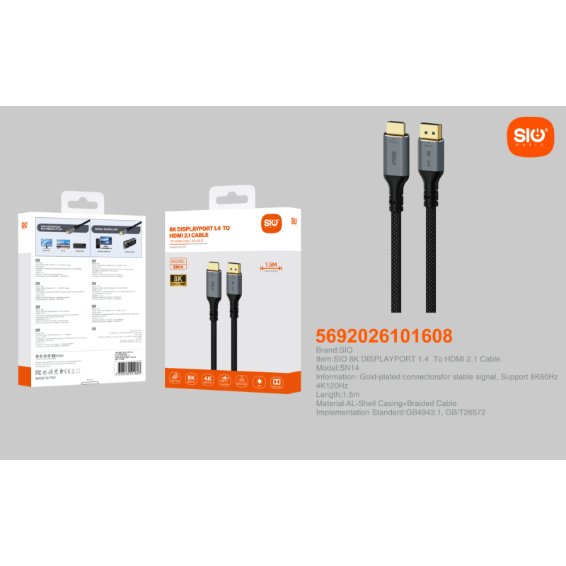 Sio SN14 Cable DisplayPort a HDMI 8K