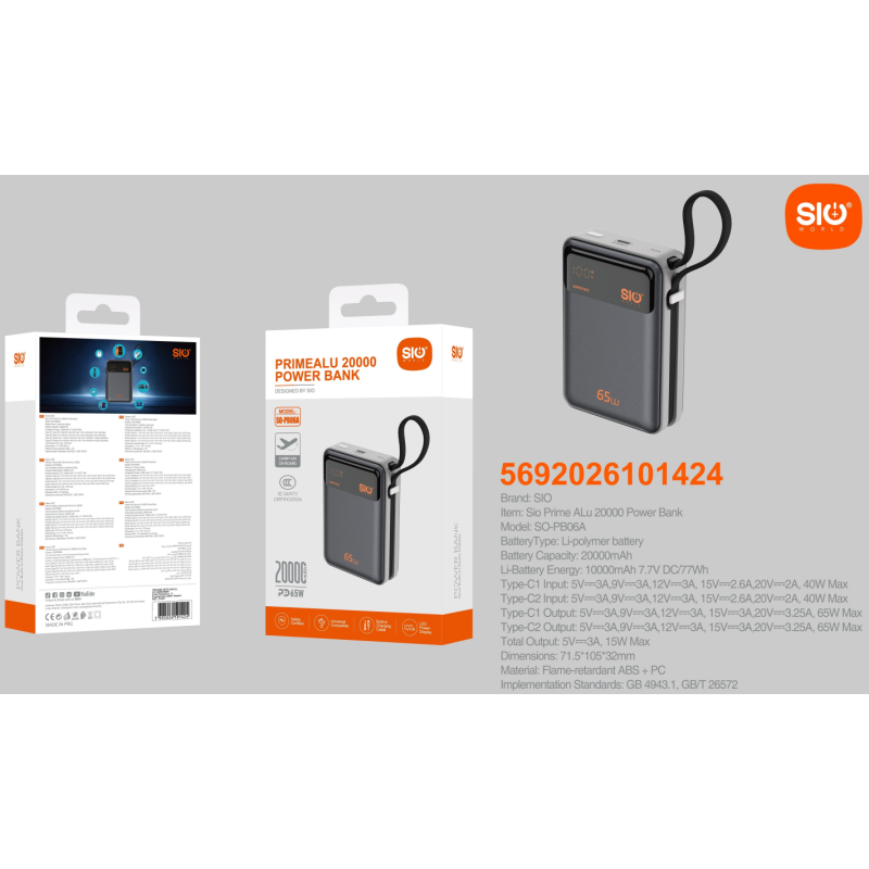 SO-PB06A Power Bank Carga Rapida 65W + Cable (CCC)