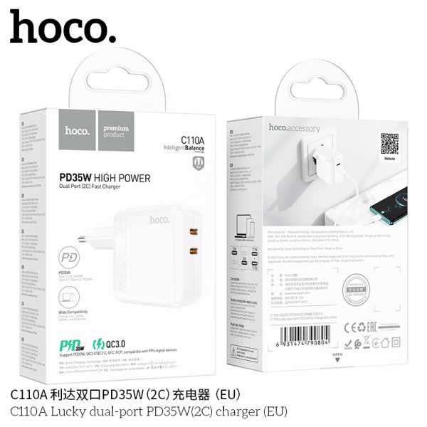 Hoco C110A Cargadores Enchufe Pd35W Doble Usb C Sin Cable