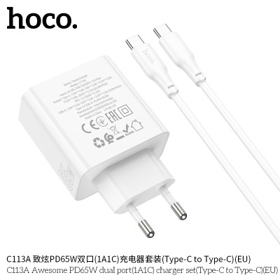 Hoco C113A Cargadores Pd65W+Qc3.0 Con Cable Tipo-C A Tipo-C