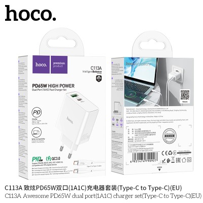 Hoco C113A Cargadores Pd65W+Qc3.0 Con Cable Tipo-C A Tipo-C