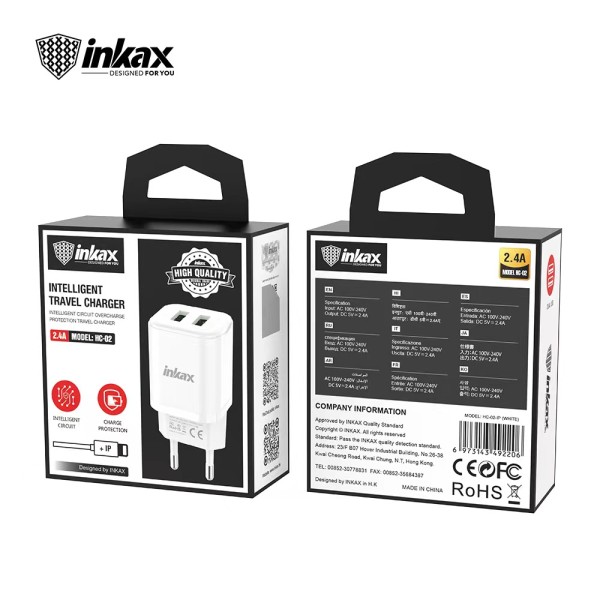 Inkax Hc-02 Cargadores Doble Usb Con Cable Lightning