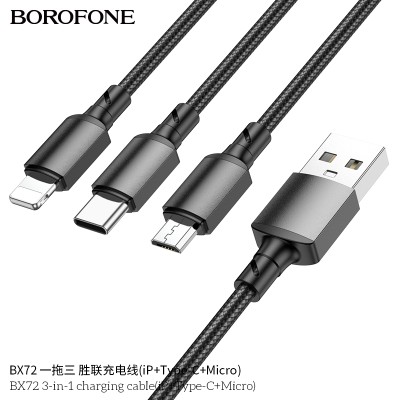 Borofone Bx72 Cable 3 En 1 Ip + Tipo C + Micro A Usb