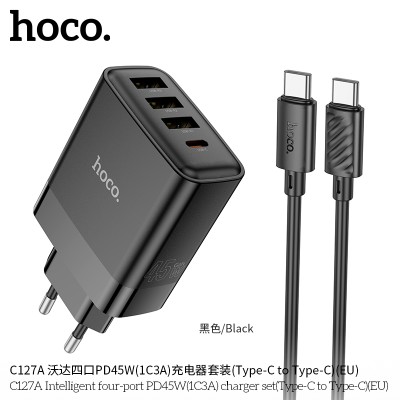 Hoco C127A Cargador de 4 puertos (3 QC3.0 + 1 PD45W)  Con cable PD Type-C