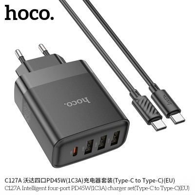 Hoco C127A Cargador de 4 puertos (3 QC3.0 + 1 PD45W)  Con cable PD Type-C