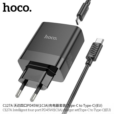 Hoco C127A Cargador de 4 puertos (3 QC3.0 + 1 PD45W)  Con cable PD Type-C