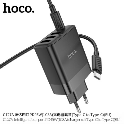 Hoco C127A Cargador de 4 puertos (3 QC3.0 + 1 PD45W)  Con cable PD Type-C