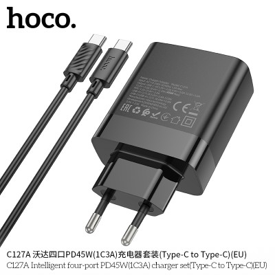 Hoco C127A Cargador de 4 puertos (3 QC3.0 + 1 PD45W)  Con cable PD Type-C