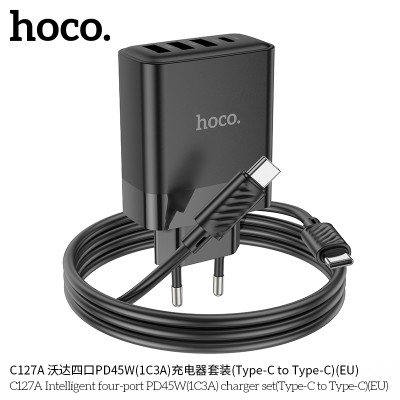 Hoco C127A Cargador de 4 puertos (3 QC3.0 + 1 PD45W)  Con cable PD Type-C