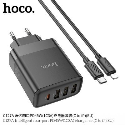 Hoco C127A Cargador de 4 puertos (3 QC3.0 + 1 PD45W) Con cable PD iP Lighting