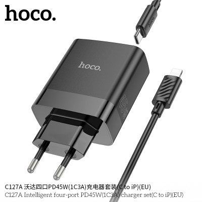 Hoco C127A Cargador de 4 puertos (3 QC3.0 + 1 PD45W) Con cable PD iP Lighting