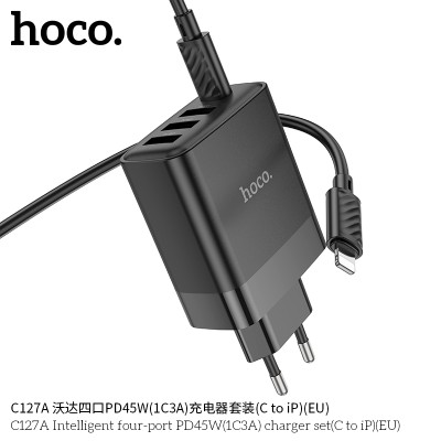 Hoco C127A Cargador de 4 puertos (3 QC3.0 + 1 PD45W) Con cable PD iP Lighting