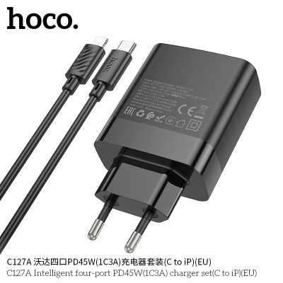 Hoco C127A Cargador de 4 puertos (3 QC3.0 + 1 PD45W) Con cable PD iP Lighting