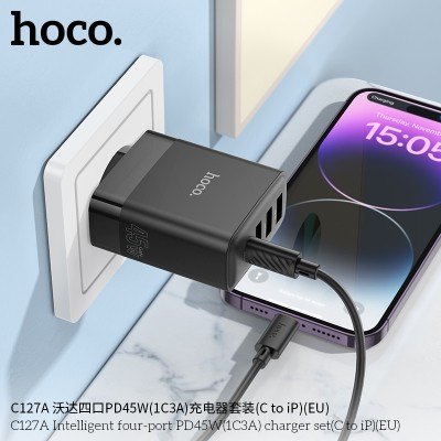 Hoco C127A Cargador de 4 puertos (3 QC3.0 + 1 PD45W) Con cable PD iP Lighting