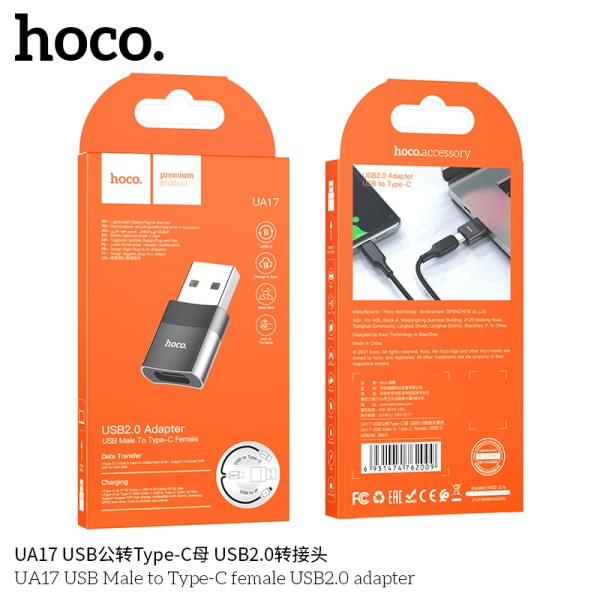 Hoco Ua17 Adaptador Usb Macho A Usb 2.0 Tipo C Hembra (Soporta Carga)