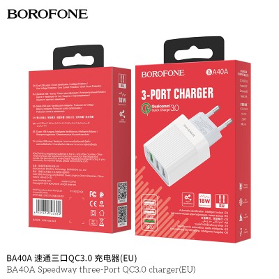 Borofone Ba40A Cargador Enchufe Tres Usb Qc 3.0