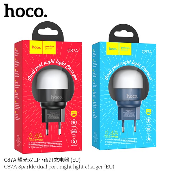 Hoco C87A Sparkle Cargador De Pared, Salida Dual Usb 2.4A, Enchufe Eu, Con Función De Luz Nocturna