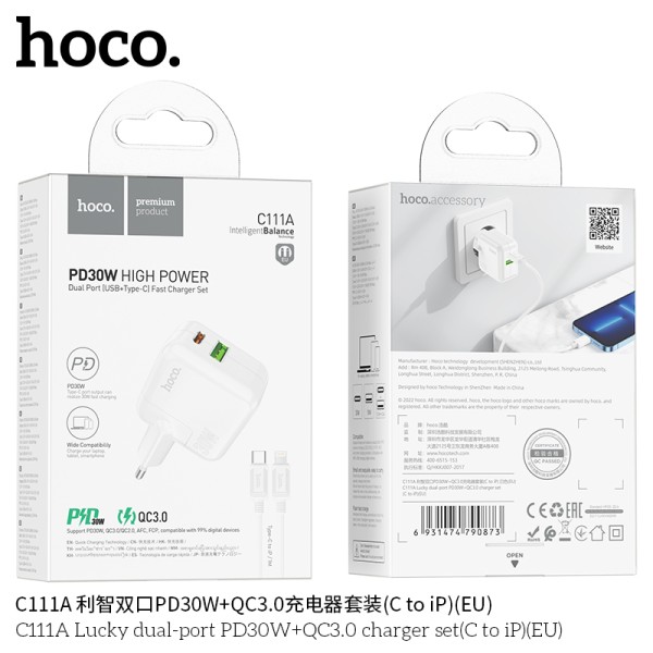 Hoco C111A Cargador Pd30W+Qc3.0 Con Cable Tipo-C A Lightning